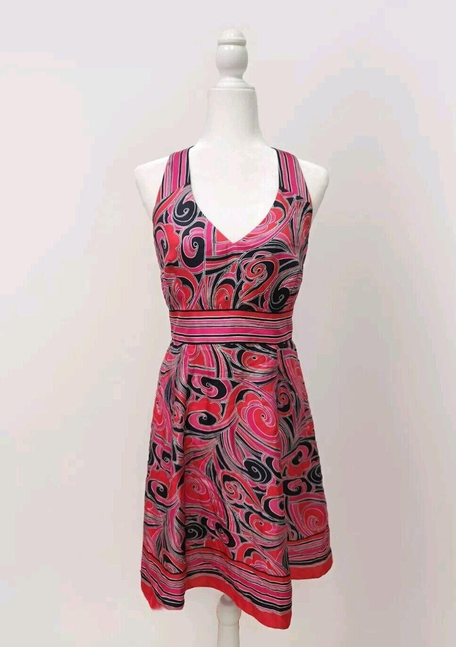 Nine West Women's Silk Skater Dress Size 6 Geometric Pattern Red, Pink & Black